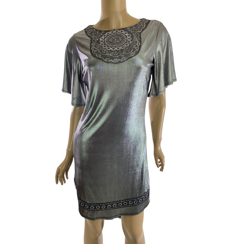 Nicole Miller Size 16 Dress Shimmery Gray Color Short Sleeve Glitter Sparkle